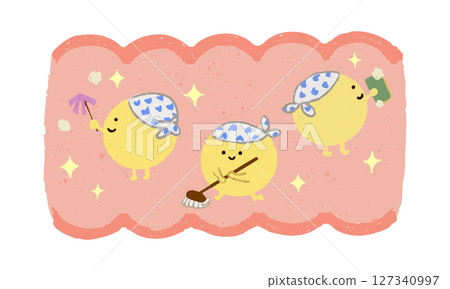 Hand-drawn character of good bacteria actively cleaning intestines 127340997