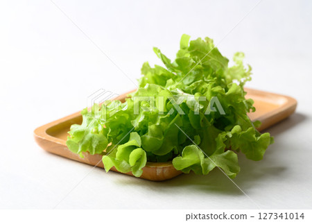 Organic green oak lettuce on wooden plate with white background, Fresh vegetables 127341014
