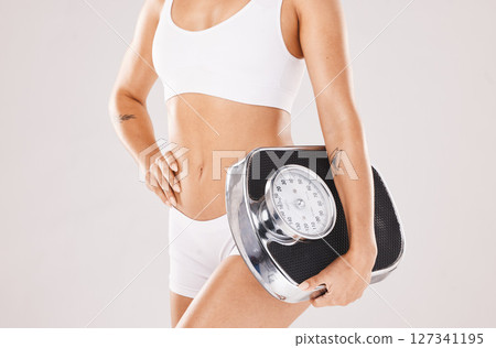 Weight loss, fitness and body of woman with scale in studio for wellness, body care and healthy lifestyle. Nutrition, diet and torso of girl in underwear for balance in training, exercise and workout 127341195