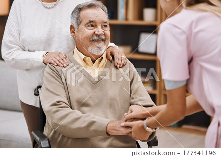 Disability patient holding hands with doctor for senior help, support and trust home nursing, physical therapy and healthcare. Medical worker consulting elderly man in wheelchair in caregiver welcome Disability patient holding hands with doctor for senior help, support and trust home nursing, physical therapy and healthcare. Medical worker consulting elderly man in wheelchair in caregiver welcome 127341196