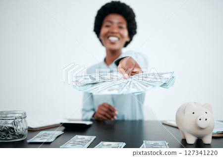 Hand, dollars and black woman with money for payment, financial investment or bribe in office. Portrait, finance or business woman offering cash for banking, deal or savings, loan or money laundering Hand, dollars and black woman with money for payment, financial investment or bribe in office. Portrait, finance or business woman offering cash for banking, deal or savings, loan or money laundering 127341220