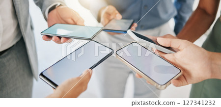 Mockup, business and closeup of smartphone, connection and social media. Screens, group and people with cellphones, typing and search internet with communication, online chatting and texting message 127341232