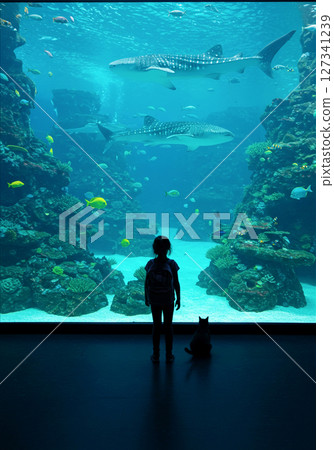 Back view of a girl and a black cat looking at fish at an aquarium 127341239