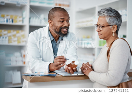 Pharmacy, black man and woman with healthcare medicine and conversation for instructions. Pharmacist, female patient and medical professional talking, stress and explain for customer and frustrated. Pharmacy, black man and woman with healthcare medicine and conversation for instructions. Pharmacist, female patient and medical professional talking, stress and explain for customer and frustrated. 127341331