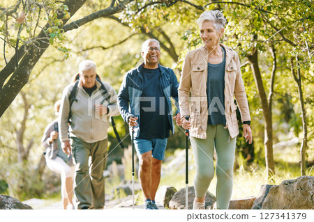 Hiking, elderly and people, happy outdoor with nature, fitness and fun in park, exercise group trekking in Boston. Diversity, friends and happiness with hike, active lifestyle motivation and senior. Hiking, elderly and people, happy outdoor with nature, fitness and fun in park, exercise group trekking in Boston. Diversity, friends and happiness with hike, active lifestyle motivation and senior. 127341379