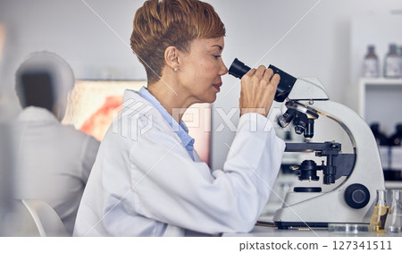 Science, laboratory and black woman with microscope, research for vaccine development. Healthcare, medical innovation and senior scientist woman in hospital lab looking at pharmaceutical test results Science, laboratory and black woman with microscope, research for vaccine development. Healthcare, medical innovation and senior scientist woman in hospital lab looking at pharmaceutical test results 127341511