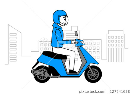 A young man riding a moped through the city A young man riding a moped through the city 127341628