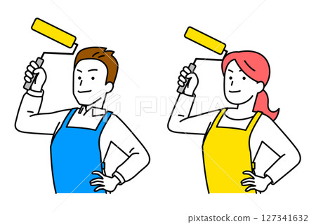 Set of men and women in aprons holding paint rollers 127341632