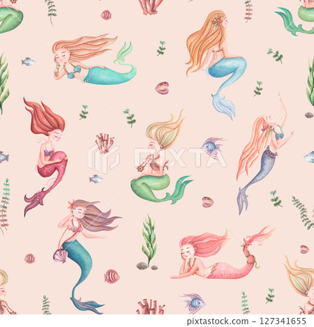 Delicate watercolor pattern in pink, peach with mermaids, shells, fish and seaweed. Seamless watercolor pattern for kids on the theme of sea life. 127341655