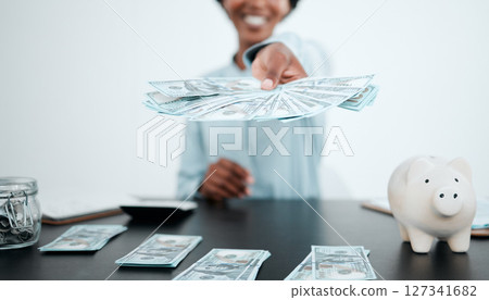 Hand, dollars and black woman with money for payment, financial investment or bribe in office. Currency, finance or business woman offering cash for banking, deal or savings, loan or money laundering 127341682