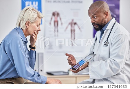 Doctor, patient and black man with tablet, hospital and results for disease, explain procedure or healthcare. Medical professional, senior female and woman in office, cure or conversation for surgery 127341683