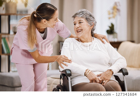 Healthcare, support and caregiver with senior woman for medical help, elderly care and consulting patient. Wheelchair disability, rehabilitation and nurse volunteer at nursing home for charity work 127341684