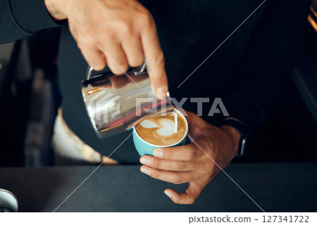 Coffee, milk and hands of man in cafe for cappuccino, breakfast and caffeine beverage. Relax, espresso and dairy with barista in coffee shop and with latte for retail, mocha and drink preparation Coffee, milk and hands of man in cafe for cappuccino, breakfast and caffeine beverage. Relax, espresso and dairy with barista in coffee shop and with latte for retail, mocha and drink preparation 127341722