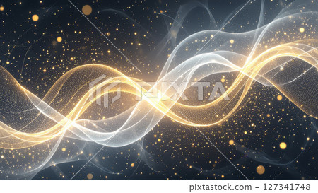 Abstract art with golden particles and glowing wave pattern on dark background Abstract art with golden particles and glowing wave pattern on dark background 127341748