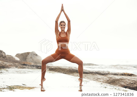 Yoga, balance and woman at the beach with fitness, body and wellness with pilates and zen outdoor in nature. Stretching, chakra and spiritual exercise, ocean and sky mockup, mindfulness and portrait. Yoga, balance and woman at the beach with fitness, body and wellness with pilates and zen outdoor in nature. Stretching, chakra and spiritual exercise, ocean and sky mockup, mindfulness and portrait. 127341836