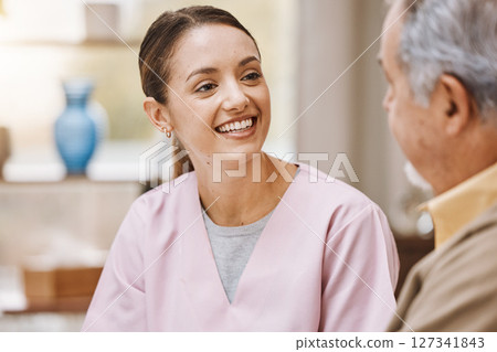 Healthcare nurse, senior man and retirement consultation in nursing home for medical wellness, hospital support and consulting support on sofa. Doctor, patient and caregiver happiness conversation Healthcare nurse, senior man and retirement consultation in nursing home for medical wellness, hospital support and consulting support on sofa. Doctor, patient and caregiver happiness conversation 127341843