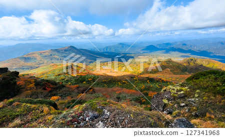Climbing Mount Kurikoma in autumn (Mount Kurikoma to Mount Masutake: View of Lake Sugawara and Mount Masutake) 127341968