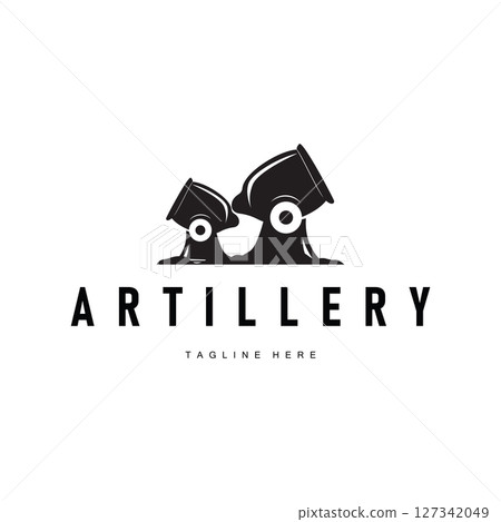 cannon logo war combat equipment or heavy army equipment with black silhouette concept vintage retro as symbol illustration template 127342049