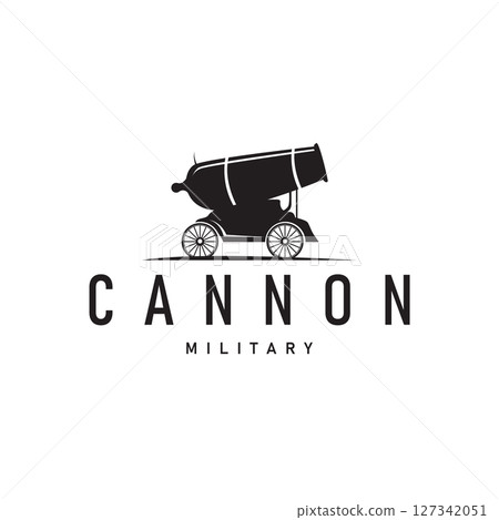 cannon logo war combat equipment or heavy army equipment with black silhouette concept vintage retro as symbol illustration template 127342051