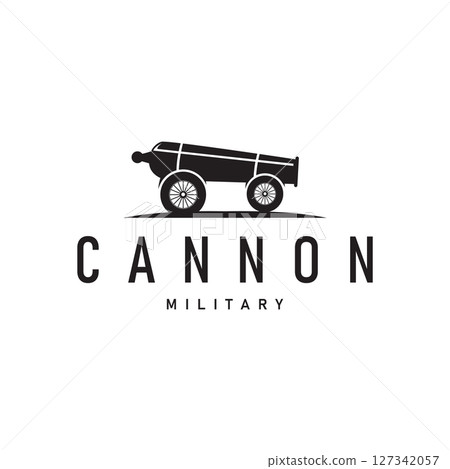 cannon logo war combat equipment or heavy army equipment with black silhouette concept vintage retro as symbol illustration template 127342057