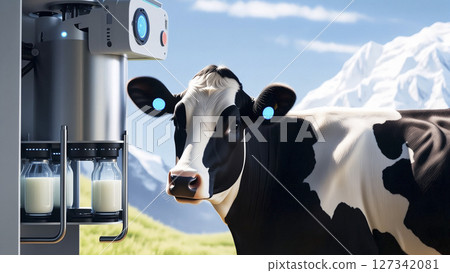 Modern milking turntable scene and cows wearing smart ear tags Modern milking turntable scene and cows wearing smart ear tags 127342081