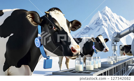 Modern milking turntable scene and cows wearing smart ear tags Modern milking turntable scene and cows wearing smart ear tags 127342082