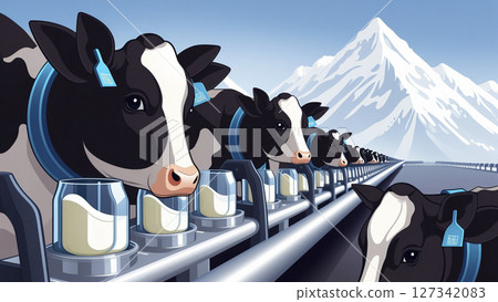 Modern milking turntable scene and cows wearing smart ear tags Modern milking turntable scene and cows wearing smart ear tags 127342083