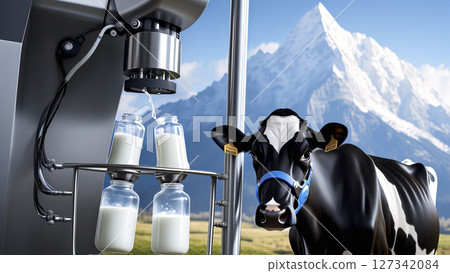 現代化擠奶轉盤場景與佩戴智能耳標奶牛 現代化擠奶轉盤場景與佩戴智能耳標奶牛 127342084