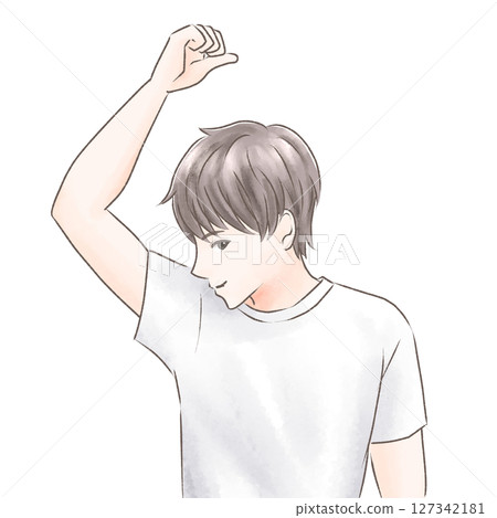 A smiling man is happy that he no longer has to worry about sweat stains under his arms 127342181