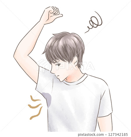 Men who are concerned about sweat stains and odor under their arms 127342185