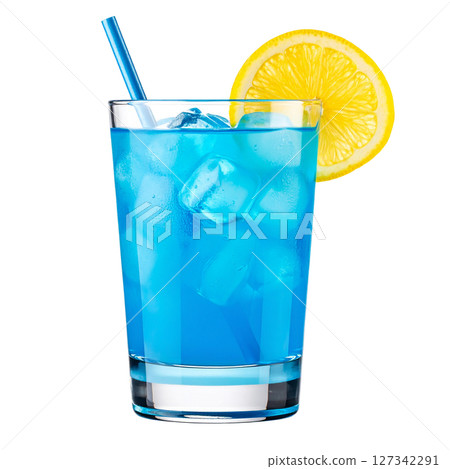 Tropical fruit cocktail drink with berries, ice, and a straw, isolated on white for a refreshing summer beverage 127342291
