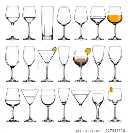 set of diverse drinking glasses including wine, cocktail, and beer for bar and party illustrations 127342310