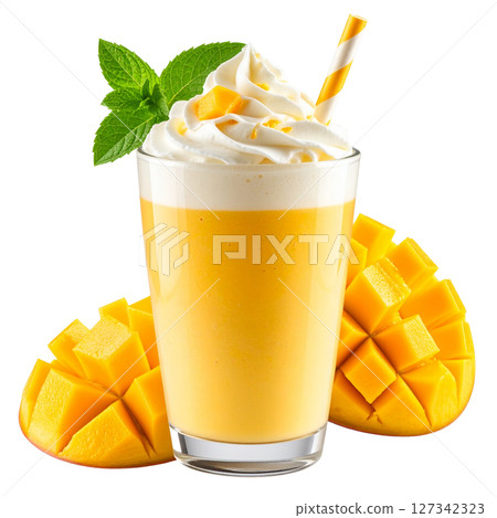 Tropical fruit cocktail drink with berries, ice, and a straw, isolated on white for a refreshing summer beverage Tropical fruit cocktail drink with berries, ice, and a straw, isolated on white for a refreshing summer beverage 127342323