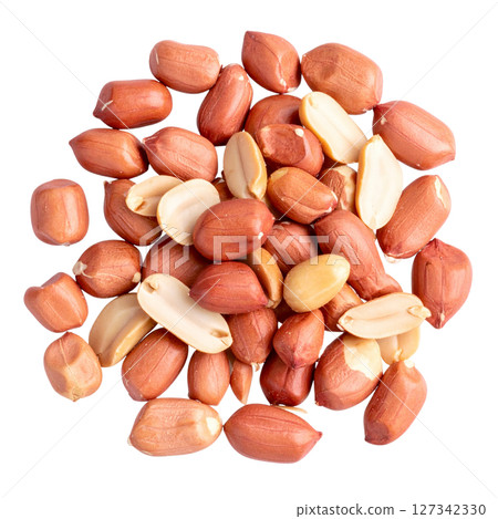 Close-up of a healthy brown heap of peanuts on a white background. 127342330