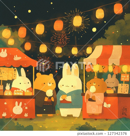 穿著浴衣的動物的夏祭插圖/夜祭 127342376