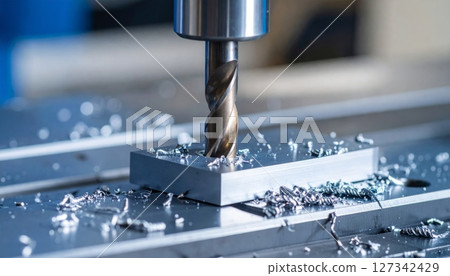 Close-up macro of industrial steel drill bits in a factory workshop 127342429