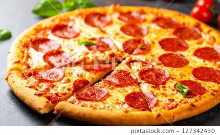 Delicious Italian pizza with salami, tomatoes, olives, and mozzarella cheese on a white background 127342430