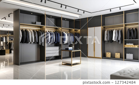 Urban train station corridor with an empty glass wardrobe and a row of clothes hangers 127342484