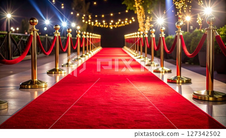 Hollywood celebration premiere red carpet on a black background, a luxurious entrance to success for VIP stars at a gala event 127342502