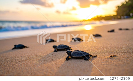 Sea turtle on a sandy beach, enjoying the ocean water and summer sky Sea turtle on a sandy beach, enjoying the ocean water and summer sky 127342509