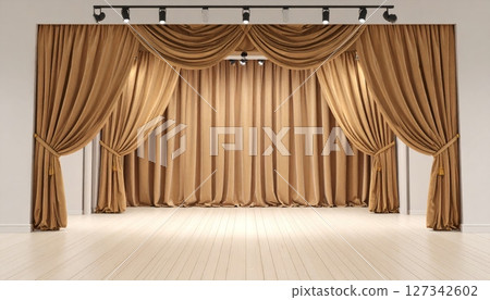 3D illustration of elegant velvet theater stage curtain backdrop in a classic design. 127342602