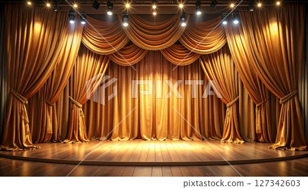 3D illustration of elegant velvet theater stage curtain backdrop in a classic design. 127342603