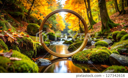 Circular mirror reflects forest stream, rocks, moss. 127342616