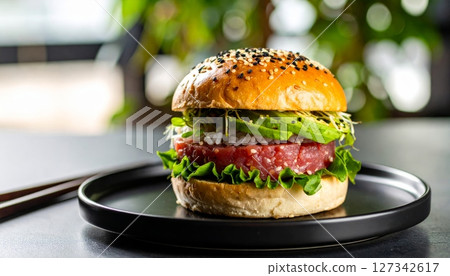 Burgers are placed on a black plate. 127342617