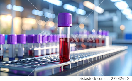 Close-up test tube with purple cap containing red liquid. 127342620