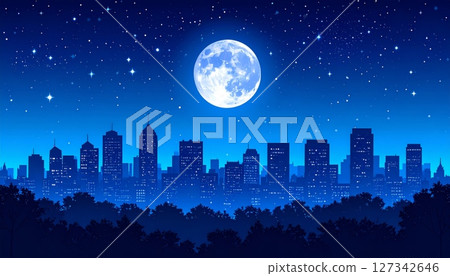 Illustration of night cityscape with full moon star-filled sky. 127342646