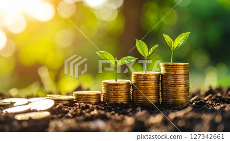 Pile of gold coins with growing green plant. Pile of gold coins with growing green plant. 127342661