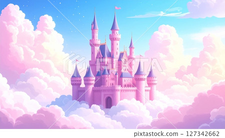 Pink princess castle floats in clouds. Fairytale palace illustration. Pink princess castle floats in clouds. Fairytale palace illustration. 127342662