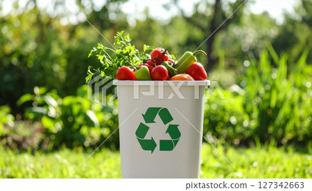 Recycling bin filled organic waste, fresh vegetables, red tomatoes, green peppers. Recycling bin filled organic waste, fresh vegetables, red tomatoes, green peppers. 127342663