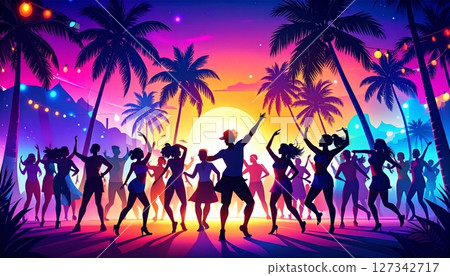 Silhouette of people dancing on a tropical beach at sunset 127342717